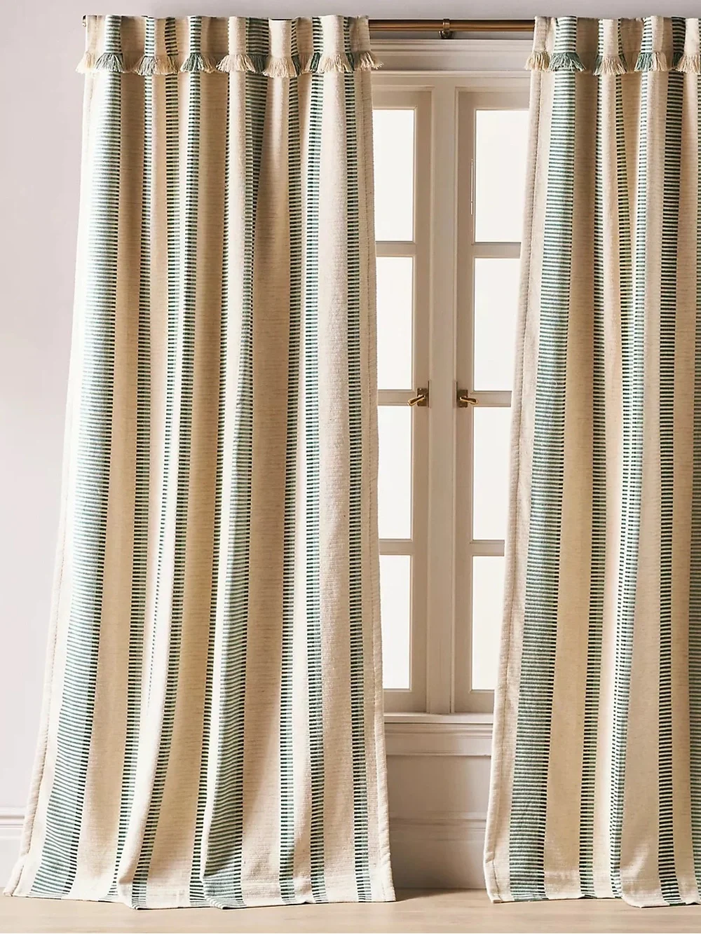 Anthropologie Pieced Stripe Cotton Blend Woven Blackout Curtain dark green